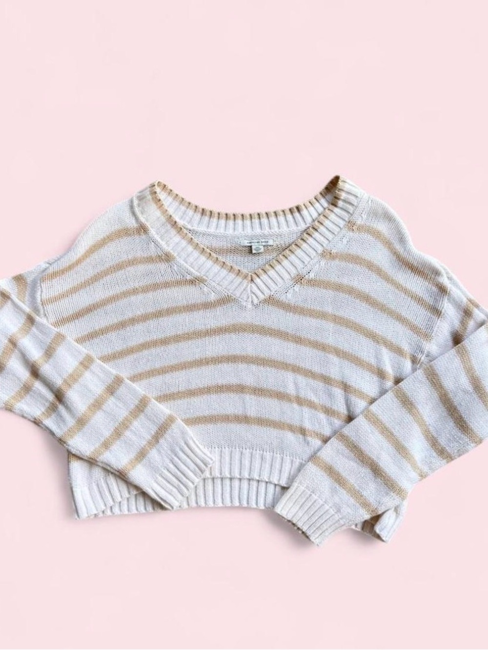 American Eagle Outfitters Cream and Beige Striped V-Neck Sweater - Large